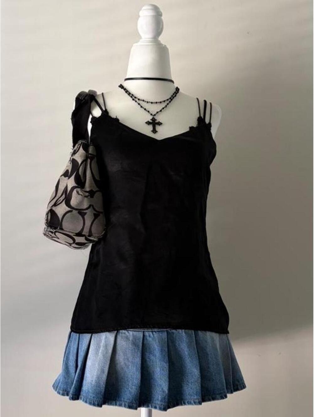 Vintage Niki Black Satin Cami Tank Top Y2K Coquette 90s Minimalist Made USA